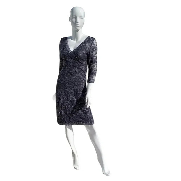 Cache' Gray Sequin Lace Layered V-Neck Sheath Lined Cocktail Dress, Size 8 - Picture 3 of 12
